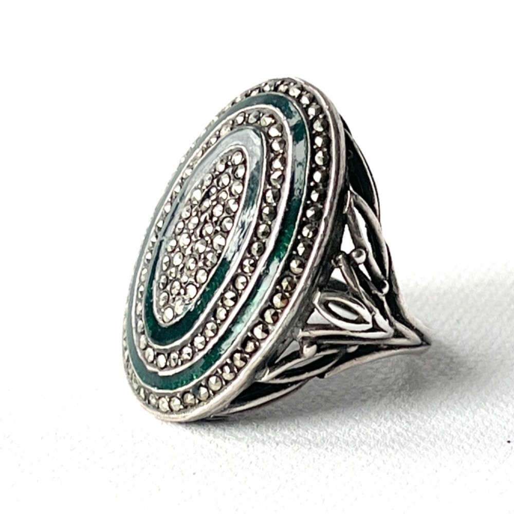 Art Deco Victorian Flapper Ring 7.5 size Marcasite Sterling Silver Cocktail
